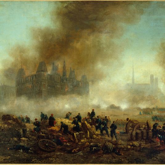 L'Hôtel de Ville incendié, assailli par les troupes de Versailles