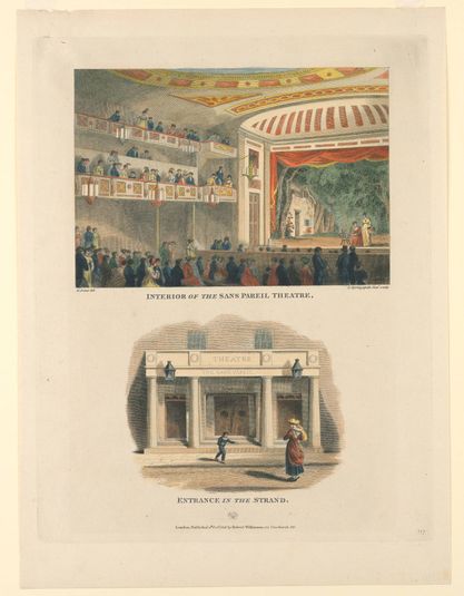 Interior and Exterior Views of the Sans Pareil Theater, the Strand, London