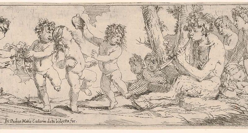 Bacchanal with satyr playing a lute and surrounded by four figures, who look toward a succession of three putti and a satyr dancing with cups and vines
