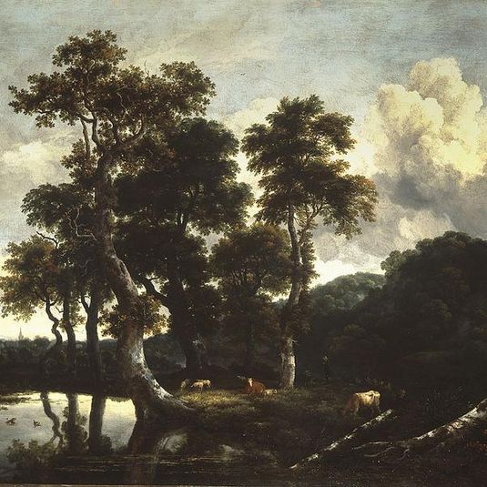 Grove of Large Oak Trees at the Edge of a Pond