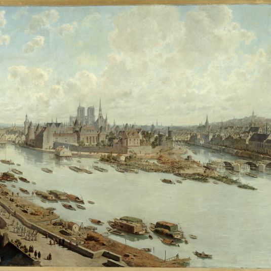 Vue panoramique de Paris en 1588, depuis les toits du Louvre, avec le Pont-Neuf en construction