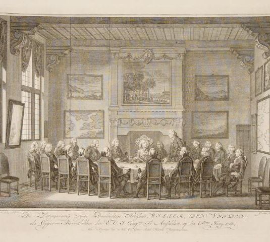 'De zittingneming van Willem den Vijfde als opperbewinthebber der E.O.I Compagnie te Amsteldam, op den P.mo Juny, 1768.'