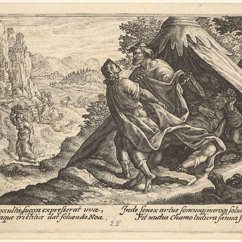 Drunkenness of Noah: Shem and Japheth cover the naked body of Noah, who lies in a tent, a male figure at far right points to Noah, from a series of engravings made for the first edition of the 'Liber Genesis'