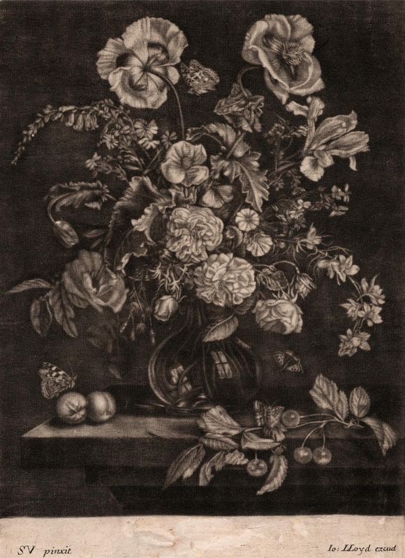 Flowers in a Glass Vase with Fruit and Butterflies
