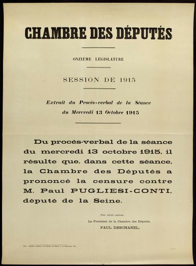 CHAMBRE DES DEPUTES/ ONZIEME LEGISLATIVE/ SESSION DE 1915/ Extrait du Procès-verbal de la Séance/ du Mercredi 13 Octobre 1915
