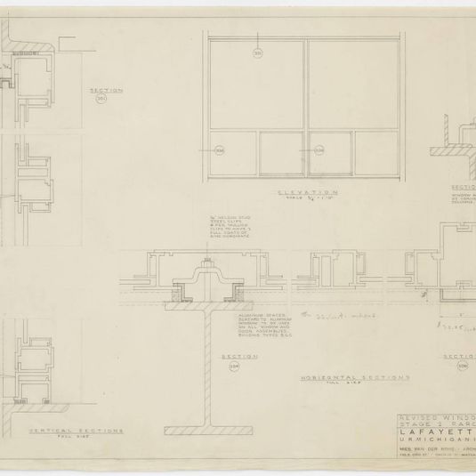 Pavilion Apartments and Town Houses, Lafayette Park, Detroit, MI, Sections, elevation (Revised window details. Stage 2. Parcels 21 and 22.)