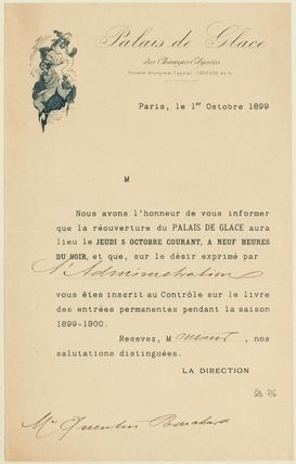 Invitation permanente au Palais de glace pour la saison 1899-1900 sous forme de courrier