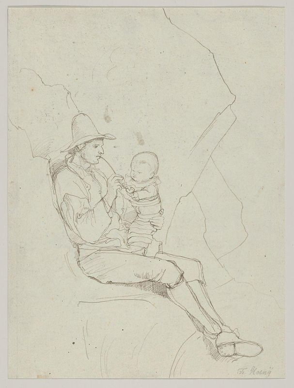 A Seated Italian Shepherd with a Small Child on his lap; verso: A Southern Landscape with a Woman Carrying a Jar on her Head