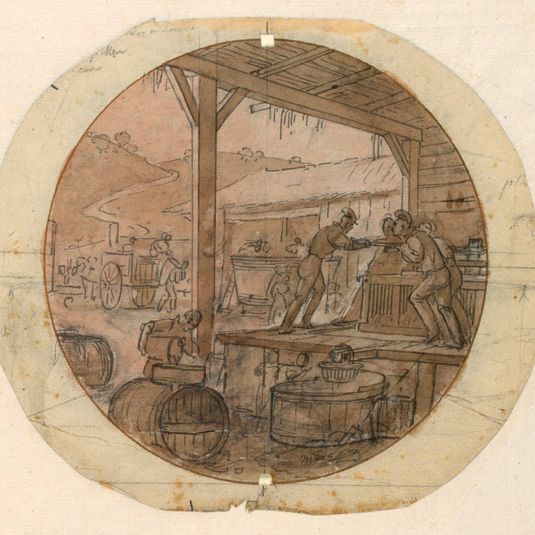 Design for a Painted Porcelain Plate, Loading or Unloading Goods