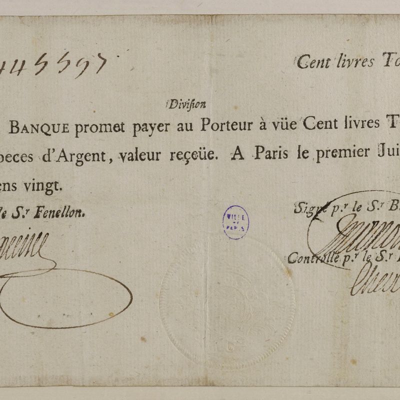 Billet de 100 livres tournois, Banque de Law, n° 445597, 1er juillet 1720