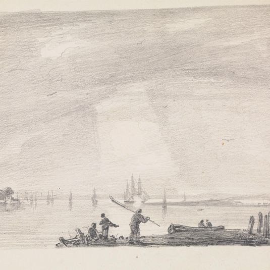 Sketch of Boatmen on the Shore, Ships in the Distance