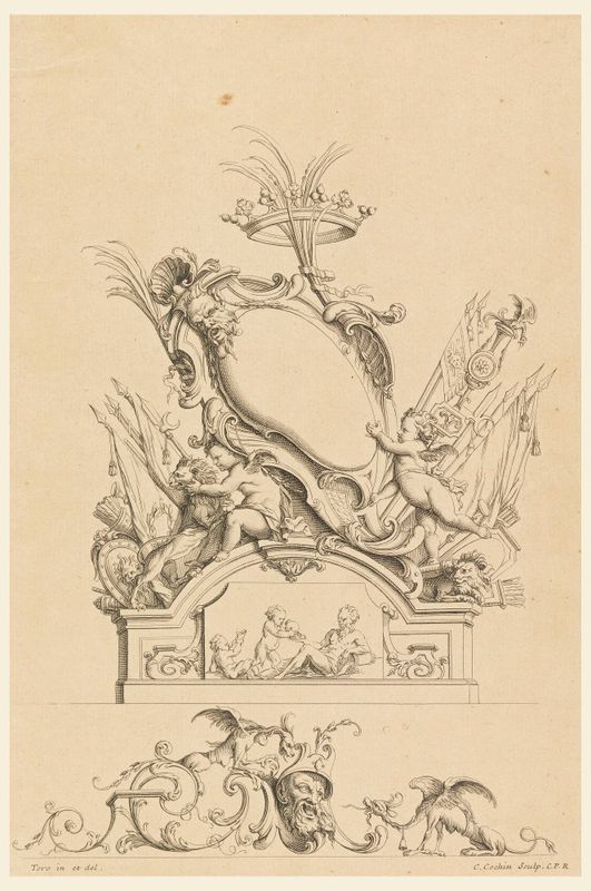 Design for Cartouche with Crown, Two Putti Serving Bacchus, and Two Lions from "Cartouches Nouvellement Inventez"