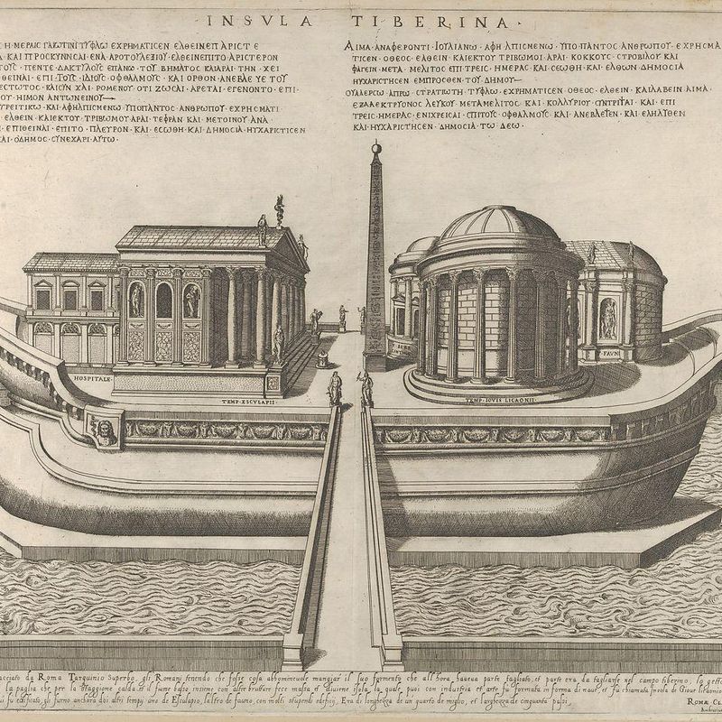 View of the Tiber Island represented as a ship, the Temple of Aesculapius at left