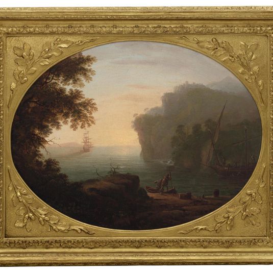 Morning: A Wooded Cove by a Bay with Figures Loading a Boat in the Foreground