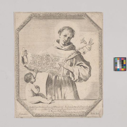 Saint Anthony of Padua holding a lily and a scroll, with an infant at lower left