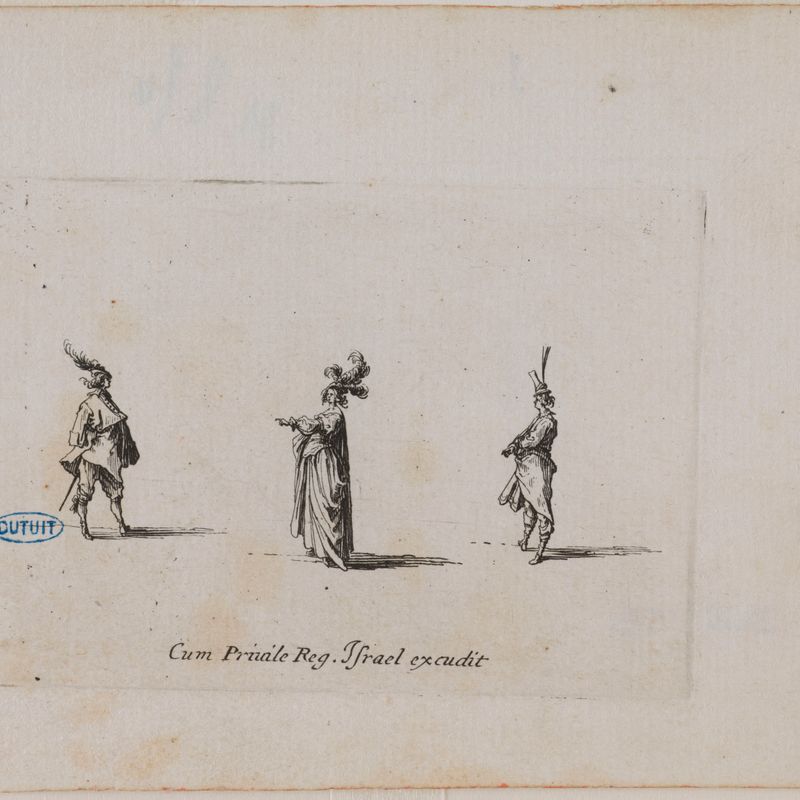 Les Fantaisies, Une Dame au chapeau orné de trois plumes vue de profil entre deux hommes. Troisième numéro d'une suite de 14 pièces (Lieure 1374, Meaume 870)