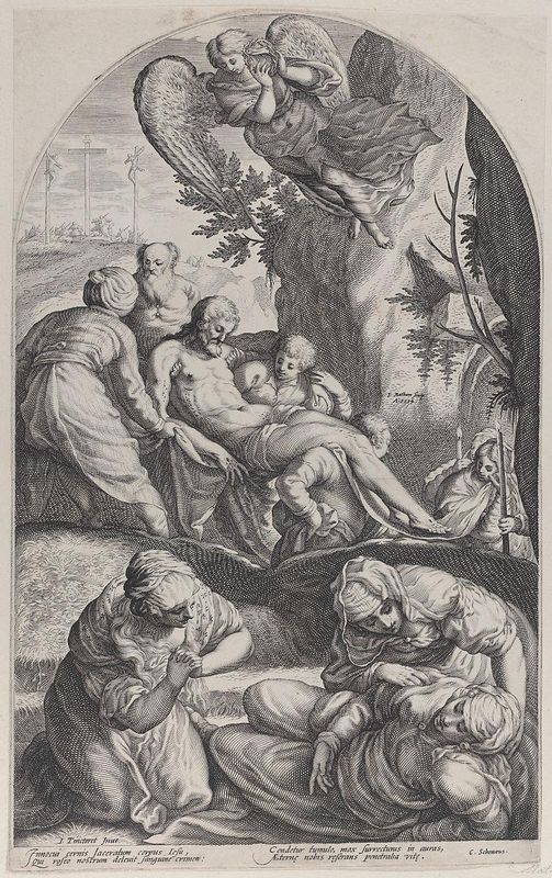 The Entombment, with Christ's body carried on a sheet at center, the three Maries in the foreground, and an angel overhead