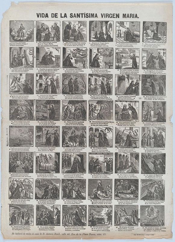 Broadside with 48 scenes of the life of the Virgin