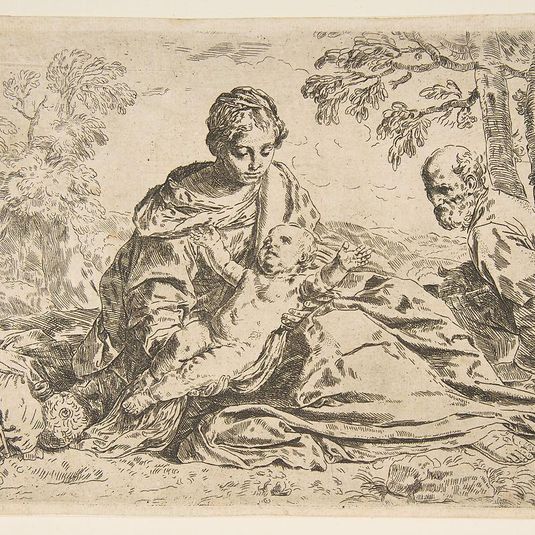 Rest on the flight into Egypt, Mary holding the infant Christ with St. Joseph at right, copy after Cantarini