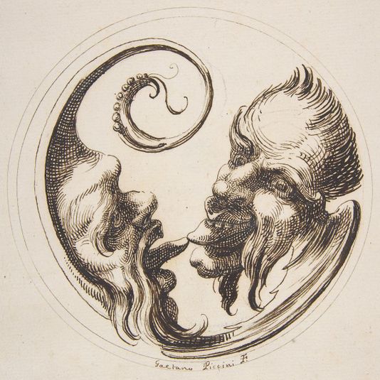 Two Grotesque Heads Facing One Another and Touching Tongues Within a Circle
