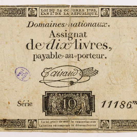 Assignat de 10 livres, série 11186me, 24 octobre 1792