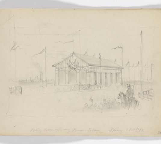 Schetsen gebouw en trein t.g.v. opening spoorlijn Breda-Tilburg 1 okt.1863
