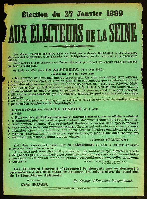 Election du 27 Janvier 1889/ AUX/ ELECTEURS DE LA SEINE/ Une affiche, contenant une lettre écrite, en 1880, par le Général BOULANGER au duc d'Aumale