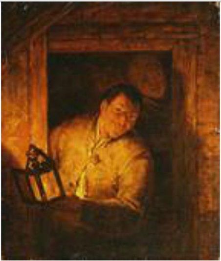 A Man Holding a Lantern in a Window