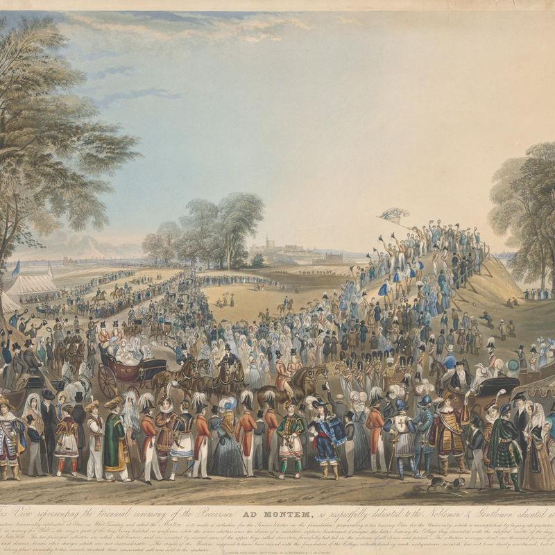 Ad Montem at Eton. (With this print is an admission ticket to the Royal Enclosure on a board inscribed the Last Montem 1844, and an Order of the Day