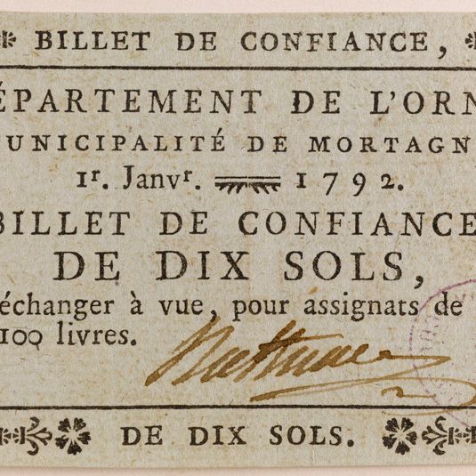 Billet de confiance de 10 sols, municipalité de Mortagne, 1er janvier 1792