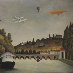 View of the Sevres Bridge and Clamart Hills, Saint-Clyde and Bellevue with a biplane, balloon and airship