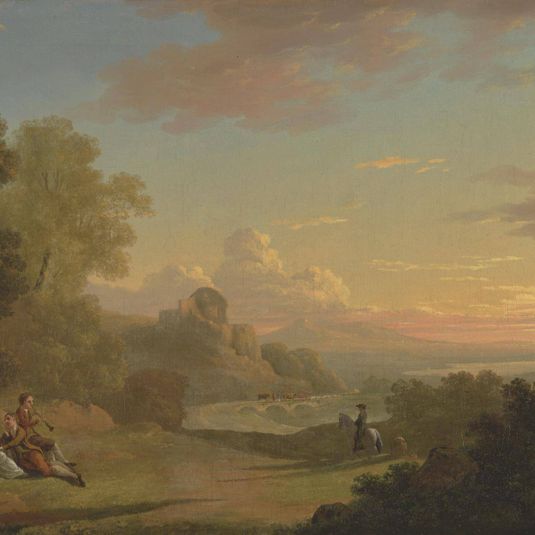 An Imaginary Landscape with a Traveller and Figures Overlooking the Bay of Baiae