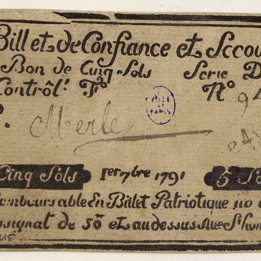 Billet de confiance et de secours de 5 sols, caisse de confiance du 695 rue Saint-Honoré, série D, n° 942, 1er 7bre 1791