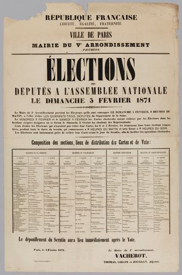 REPUBLIQUE FRANCAISE/ LIBERTE - EGALITE - FRATERNITE/ VILLE DE PARIS/ MAIRIE DU V E ARRONDISSEMENT/ (PANTHEON)/ ELECTIONS/ DES/ DEPUTES A L'ASSEMBLEE NATIONALE/ LE DIMANCHE 5 FEVRIER 1871