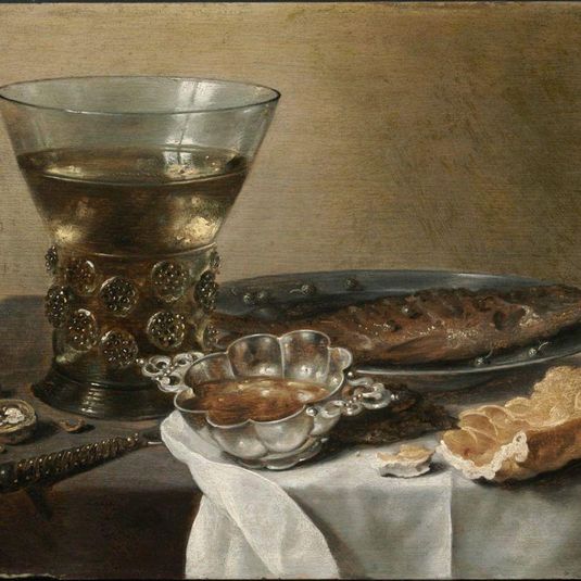 Still Life with Silver Brandy Bowl, Wine Glass, Herring, and Bread