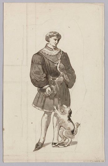 Projet de décor pour un vitrail : homme tenant un faucon et chien.