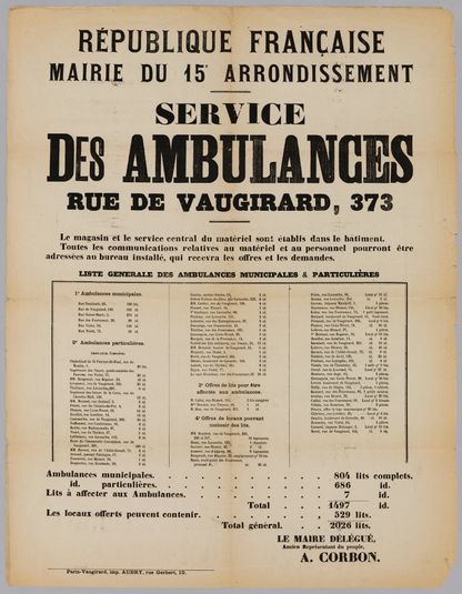 REPUBLIQUE FRANCAISE/ MAIRIE DU 15e ARRONDISSEMENT/ SERVICE/ DES AMBULANCES/ RUE DE VAUGIRARD, 373