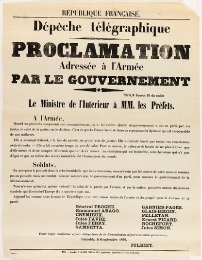REPUBLIQUE FRANCAISE./ Dépêche télégraphique/ PROCLAMATION/ Adressée à l'Armée/ PAR LE GOUVERNEMENT
