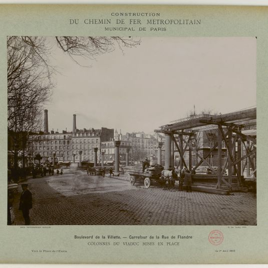 Construction du chemin de fer métropolitain municipal de Paris : mise en place des colonnes du viaduc, boulevard de la Villette, 10ème et 19ème arrondissements