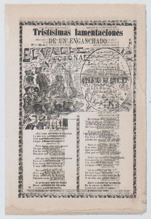 Broadsheet relating to people being tricked into working in tobacco fields, a man warning a crowd about harsh labor conditions