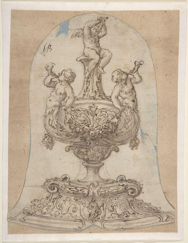 Design for a Vessel with Two Tritons Blowing Horns and a Winged Putto on Top