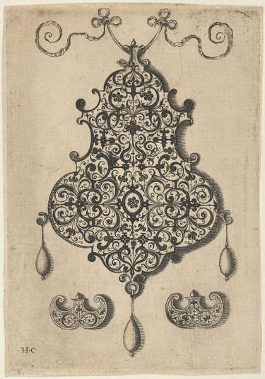 Design for the Verso of a Pendant with an Oval Motif Between Strapwork