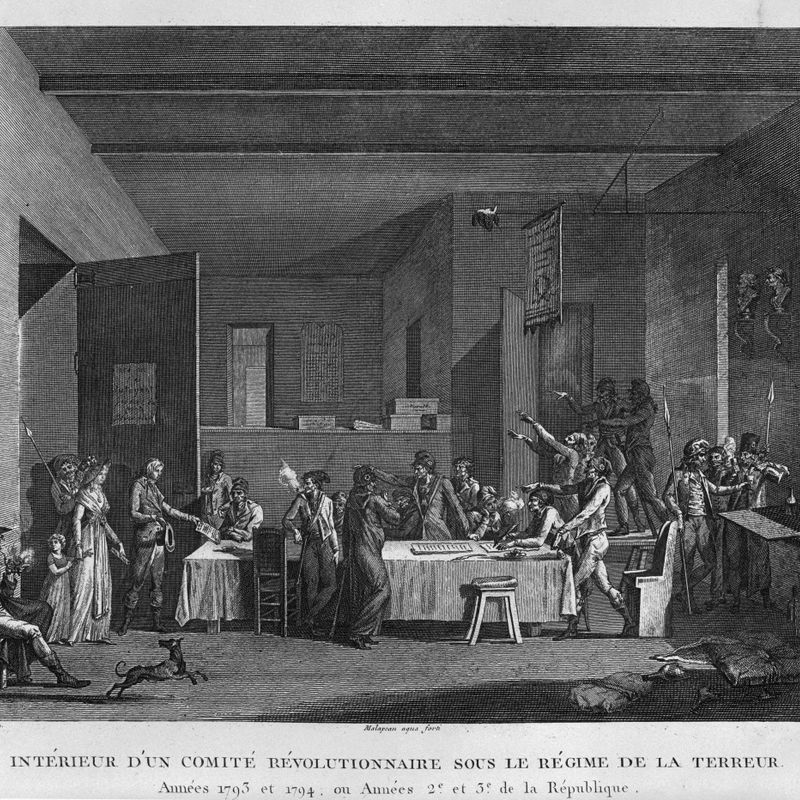 Intérieur d'un comité révolutionnaire à Paris (1793-1794). 103ème planche (numéroté Nº112) des Tableaux Historiques de la Révolution française (1791-1817).