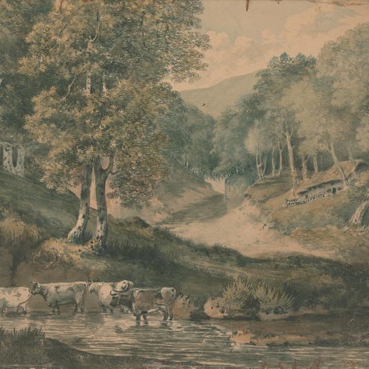 Landscape Study of Cattle in a Pool with a Cottage on a Hill