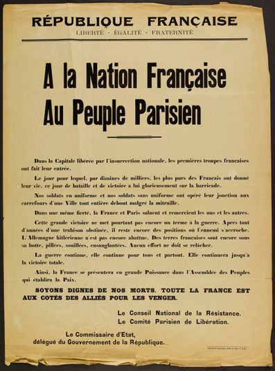 REPUBLIQUE FRANCAISE/ LIBERTE - EGALITE - FRATERNITE/ A la Nation Française/ Au Peuple Parisien