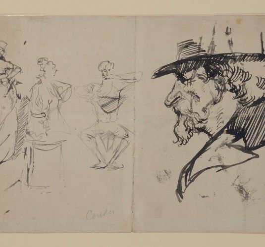 Study of Head of a Bearded Man and a Group of Three Figures in (?) Regency Costume