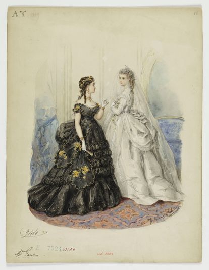 Femme en robe de mariée et femme en robe de bal noire à fleurs jaunes, dans un intérieur, Fonds d’archives graphiques de Maurice Leloir