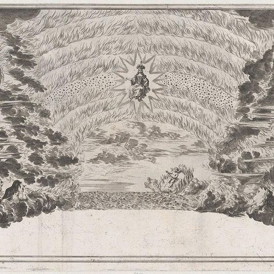 A female figure in glory at center, surrounded by burning rocks; below Cupid sailing on a burning chariot; set design from 'Il Pomo D'Oro'