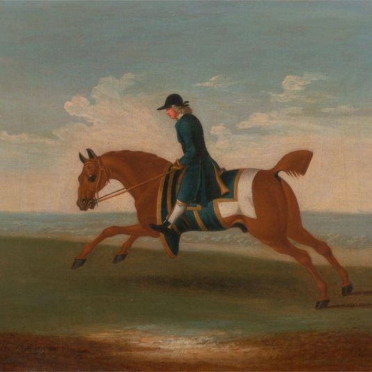 One of Four Portraits of Horses - a Chestnut Racehorse Exercised by a Trainer in a Blue Coat: galloping to the left, the horse wearing blue sweat cover and saddle-cloth edged with gold