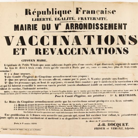 République Française/ LIBERTE, EGALITE, FRATERNITE./ MAIRIE DU V E ARRONDISSEMENT/ VACCINATIONS/ ET REVACCINATIONS